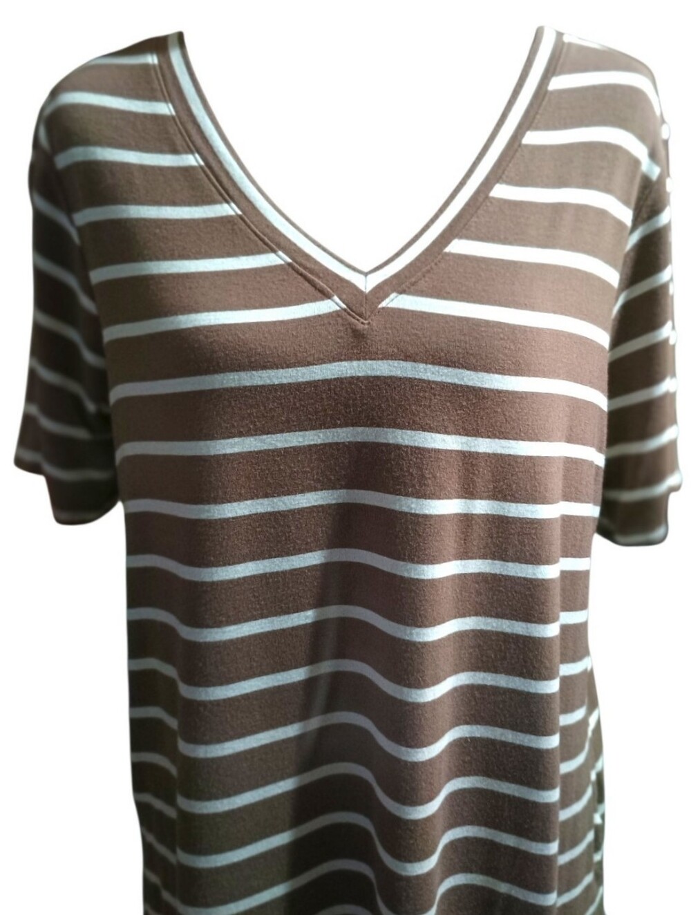V-Neck Top Short Sleeve Tee Soft Comfy Curved Hemline Mocha Cream Striped Sz L
